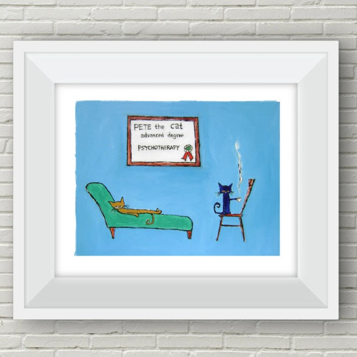 Art print of a blue cat holding a cup of coffee while another cat lies on a couch in front of a framed degree reading "Pete the Cat: Advanced Degree, Psychotherapy"