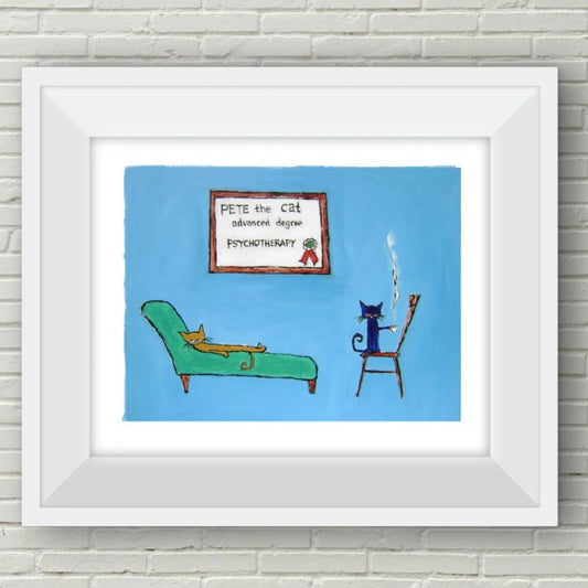 Art print of a blue cat holding a cup of coffee while another cat lies on a couch in front of a framed degree reading "Pete the Cat: Advanced Degree, Psychotherapy"