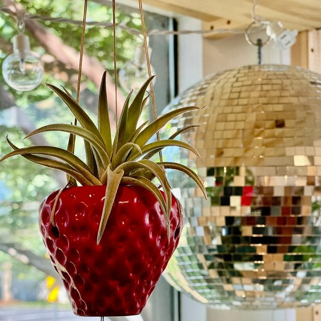 A small hanging planter shaped like a strawberry.