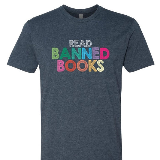 T-Shirt that says Read Banned Books and each letter is a different color. Shirt itself is navy