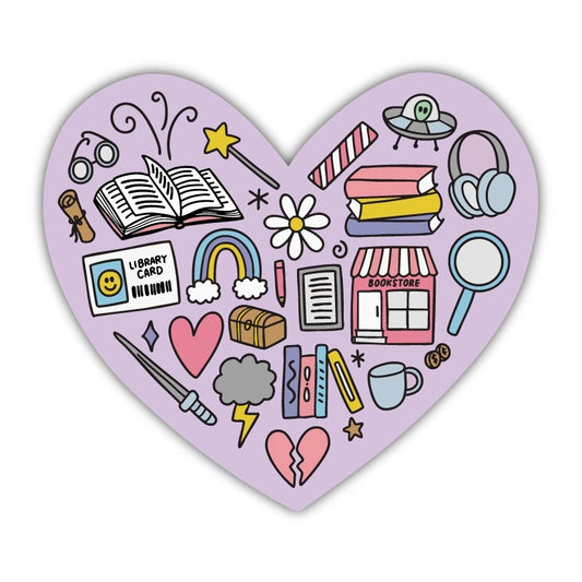 Heart shaped lavender sticker with small illustrations of books 