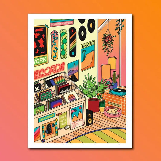 A colorful graphic 8x10 print of a record shop with skateboards mounted on the wall and a cat snoozing in a pink cat bed in the corner.