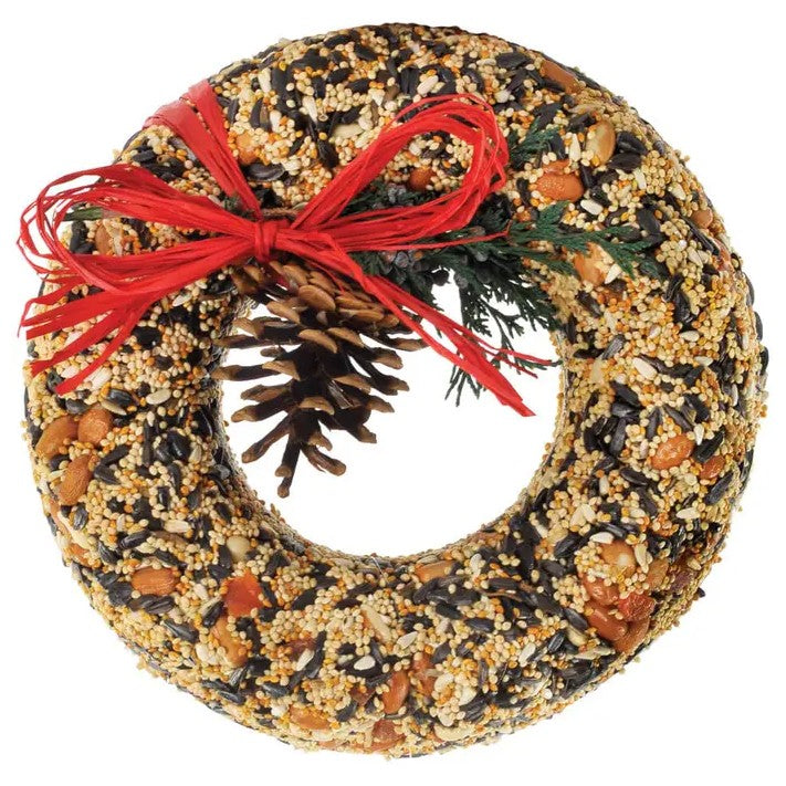 Birdseed wreath with a red bow and pinecone