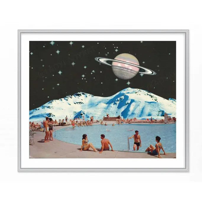 An 8x10 print of a crowded poolside in front of a snowy mountain and Jupiter in the night sky. 