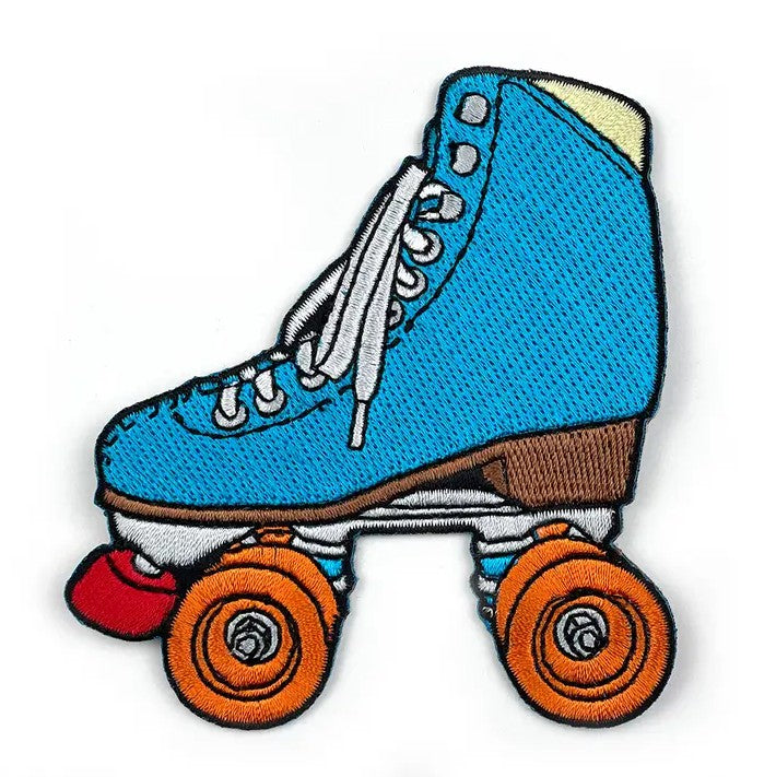 Embroidered fabric patch shaped like a blue roller skate