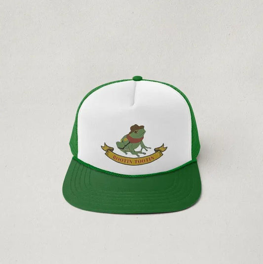 Green and white ball cap featuring a picture of a frog in a cowboy hat and the words "Rootin Tootin"