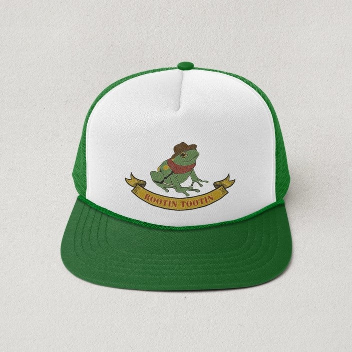 frog wearing bandana and cowboy hat green and white hat