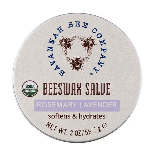 A round tin of rosemary lavender scented beeswax salve from Savannah Bee company