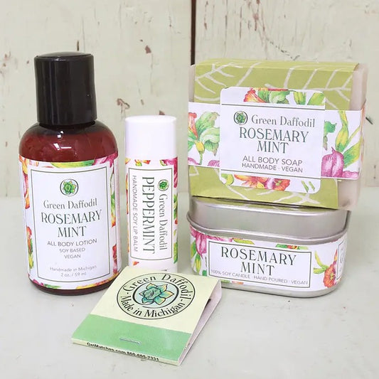 Rosemary mint scented body lotion, lip balm, bar soap, and candle 