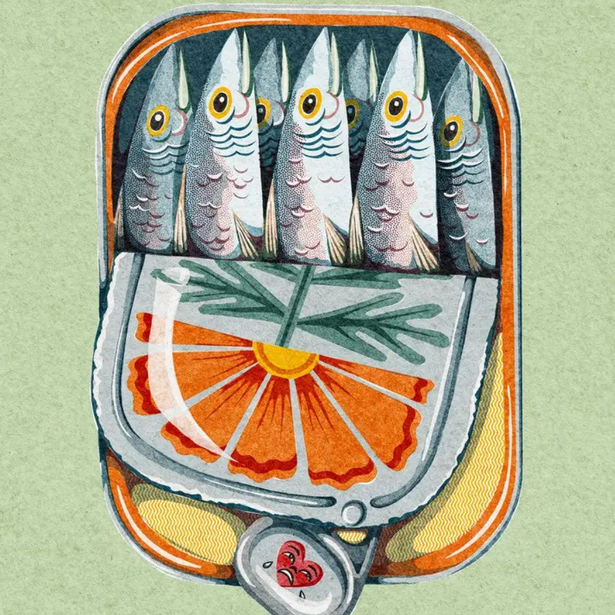 8x10 watercolor art print of an opened tin of sardines on a light green background