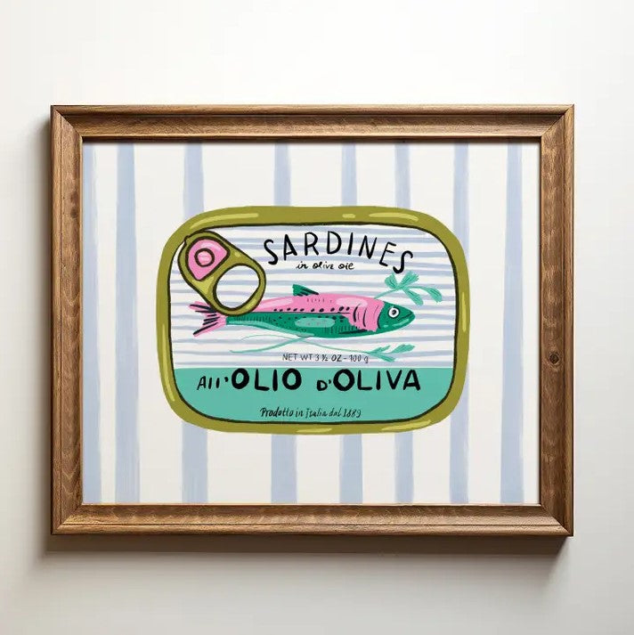 8x10 print depicting a blue and pink tin of sardines in front of a light blue striped background.