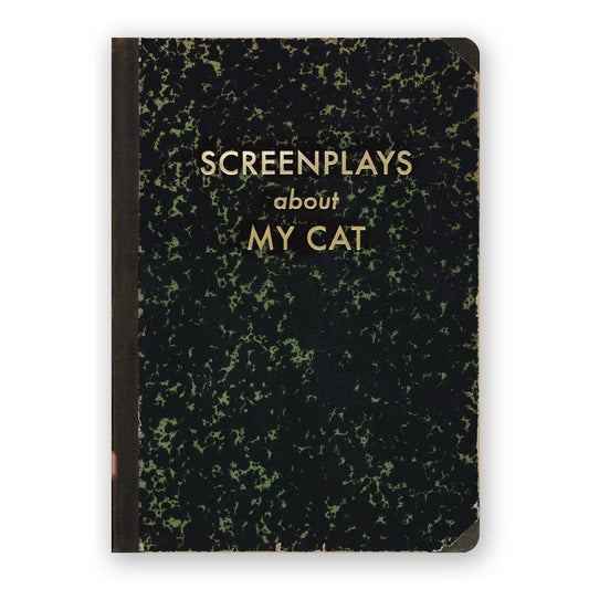 speckled green and black cover with gold foil text "Screenplays about my cat"