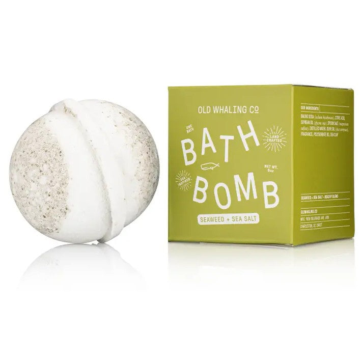 Seaweed and sea salt scented bath bomb in a green box