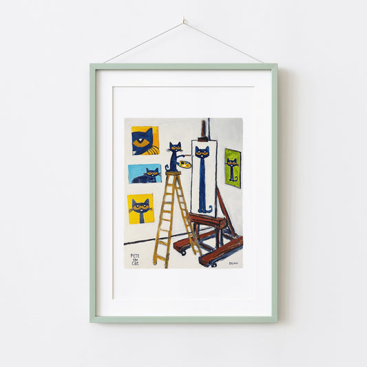 Pete the Cat standing on a ladder painting a portrait of himself in an art studio surrounded by portraits of Pete the Cat