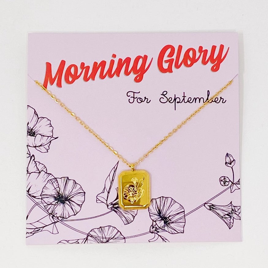 Gold plated necklace with a pendant engraved with morning glories for September birthdays