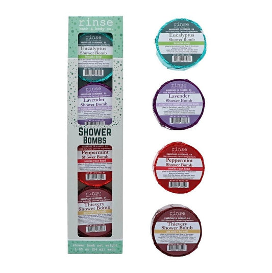 A boxed set of four foil-wrapped shower bombs in the scents Eucalyptus, Lavender, Peppermint and Thievery.