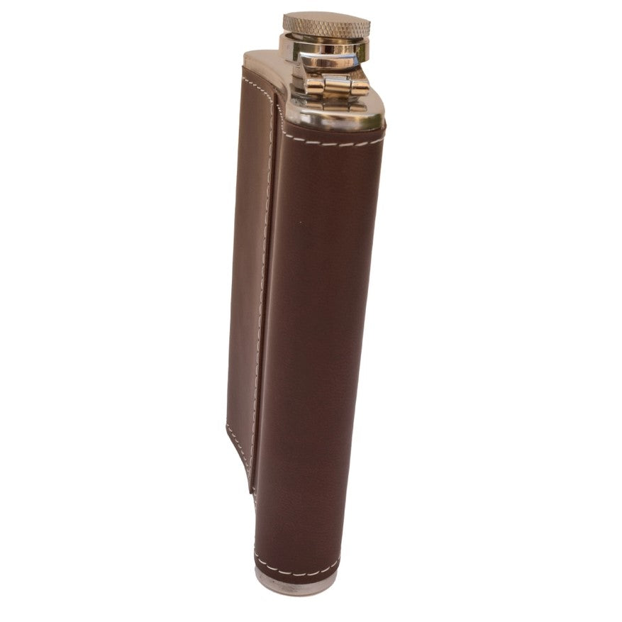 Side view of a metal and leather flask.