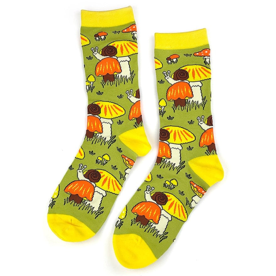 yellow top socks with snail and mushroom