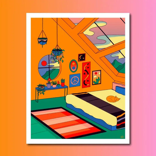 An 8x10 print in a bold, graphic and colorful style depicting a bedroom with orange walls, plants and an orange cat sleeping on the bed under a large skylight window.