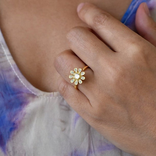 gold crystal daisy flower ring