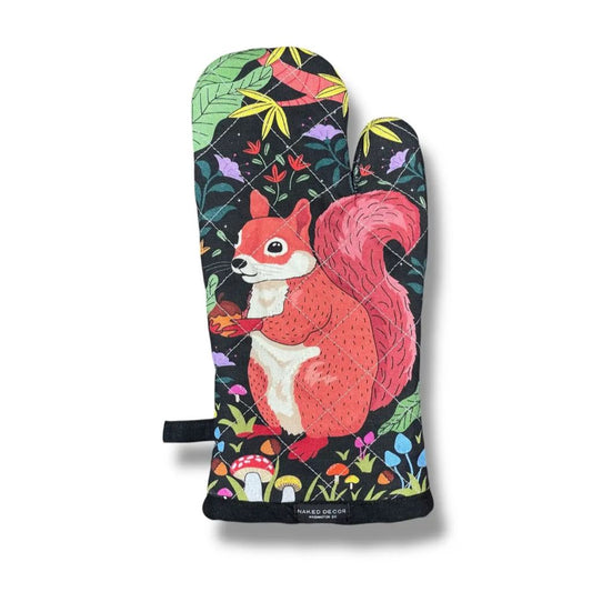 Oven mitt with a floral pattern, featuring an image of a squirrel with an acorn