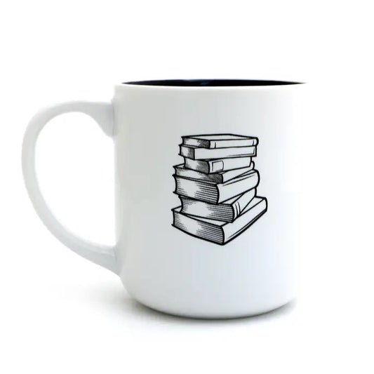 White mug with a black illustration of a stack of books on the side