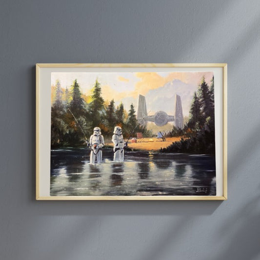 Art print of two Storm Troopers going fishing at a lake