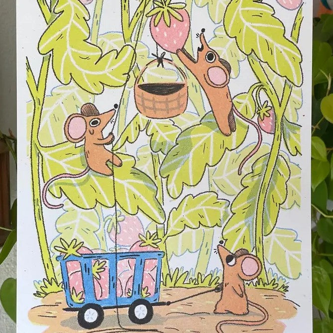 Risograph print of cartoon rats working together to pick strawberries