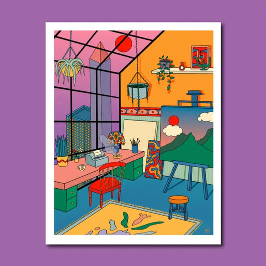 Colorful 8x10 print depicting a room with a desk and typewriter and an easel with a painting 