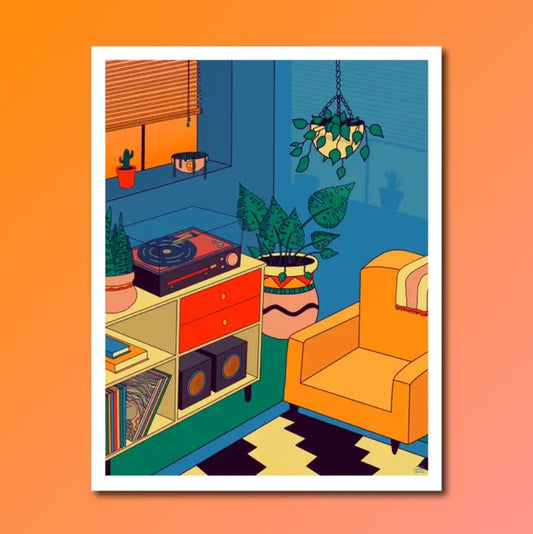 Print depicting a colorful living room with record player, houseplants and a funky rug