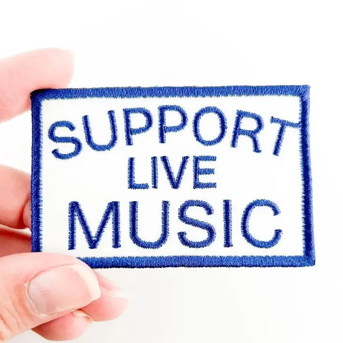 White embroidered fabric patch with blue text "Support Live Music"