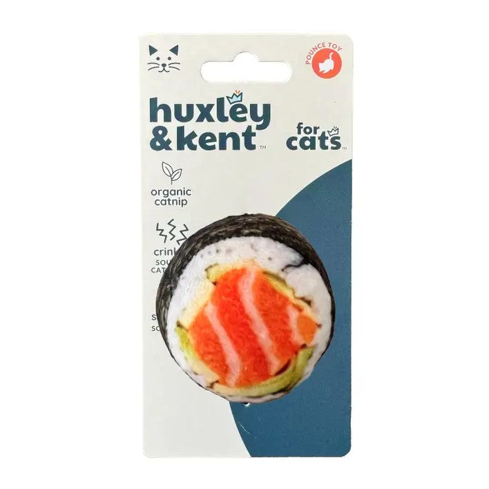 Catnip toy shaped like a salmon sushi roll