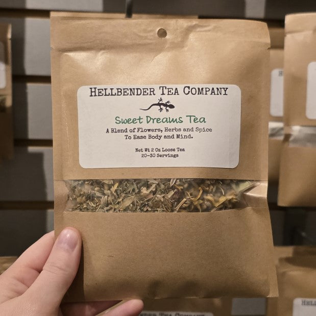 A two ounce bag of loose leaf tea in the flavor "Sweet Dreams: a blend of flowers, herbs and spice to ease body and mind."