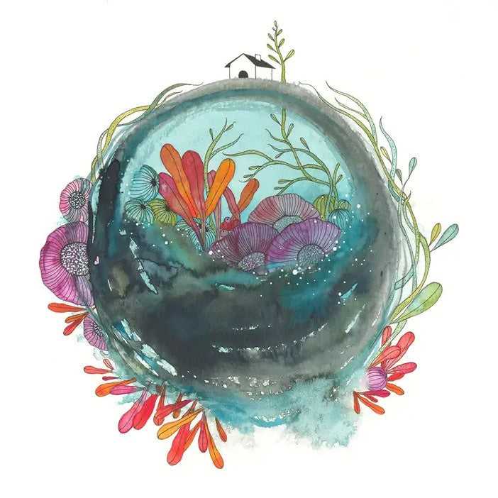 Abstract watercolor print featuring aquatic plants inside a blue circle with a tiny white house on top