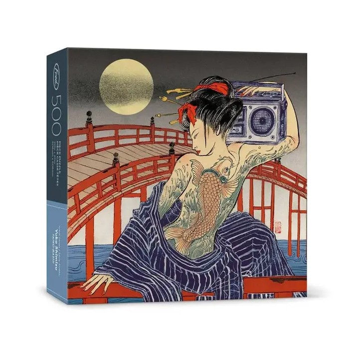 a 500 piece puzzle depicting a half-undressed woman with a large koi fish tattoo on her back holding a boombox and sitting on a red fence railing in front of a full moon