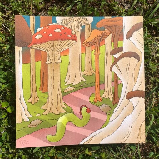Art Print with a women walking down a mushroom trail while wearing headphones