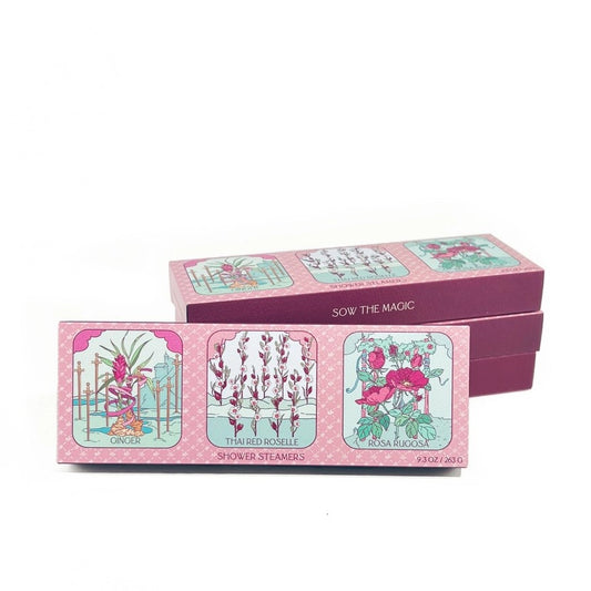 Box of three floral scented shower steamers in a pink box