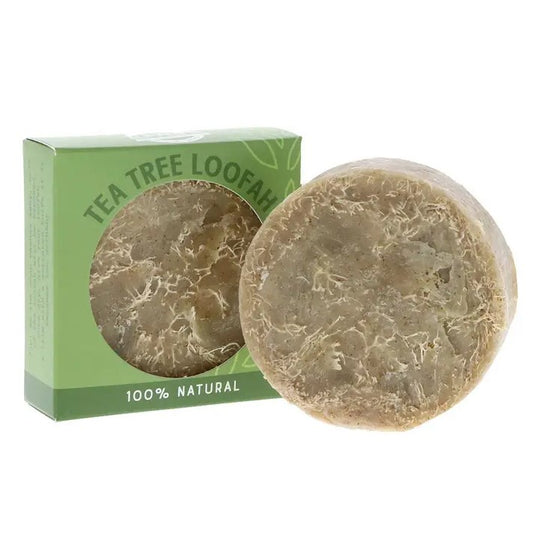 A tee tree scented bar of soap formed around a natural loofah for exfoliation.