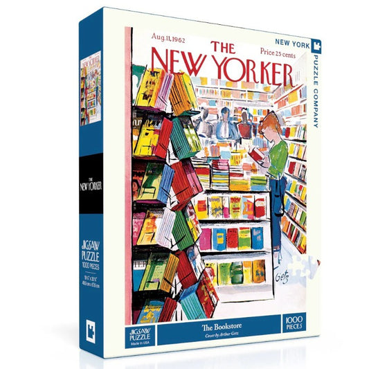 1000 piece puzzle depicting a colorful painted scene of a woman perusing a bookshop