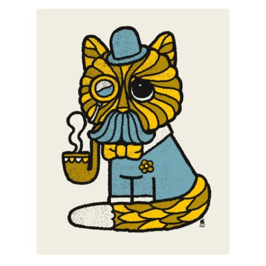 Print of a cartoon cat with a pipe and bowler hat