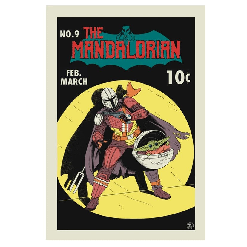 Comic style artwork of the mandalorian and grogu