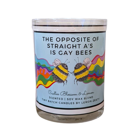 the opposite of straight a's is gay bees candle with two bees holding hands and rainbows trailing behind them