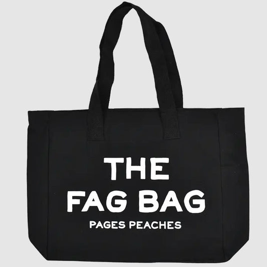 Black tote bag with bold white text reading "THE FAG BAG"
