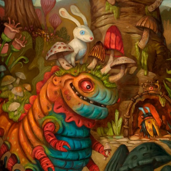 Art print with a catepillar and a bunny and mushrooms on its head