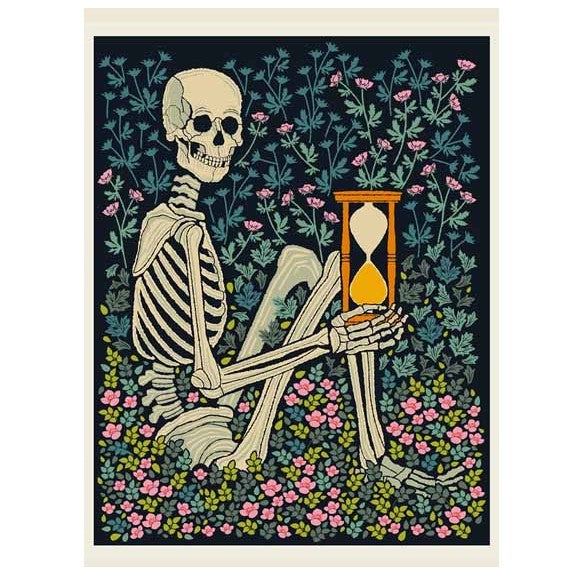 skeleton sitting in flower bed holding an hourglass art print