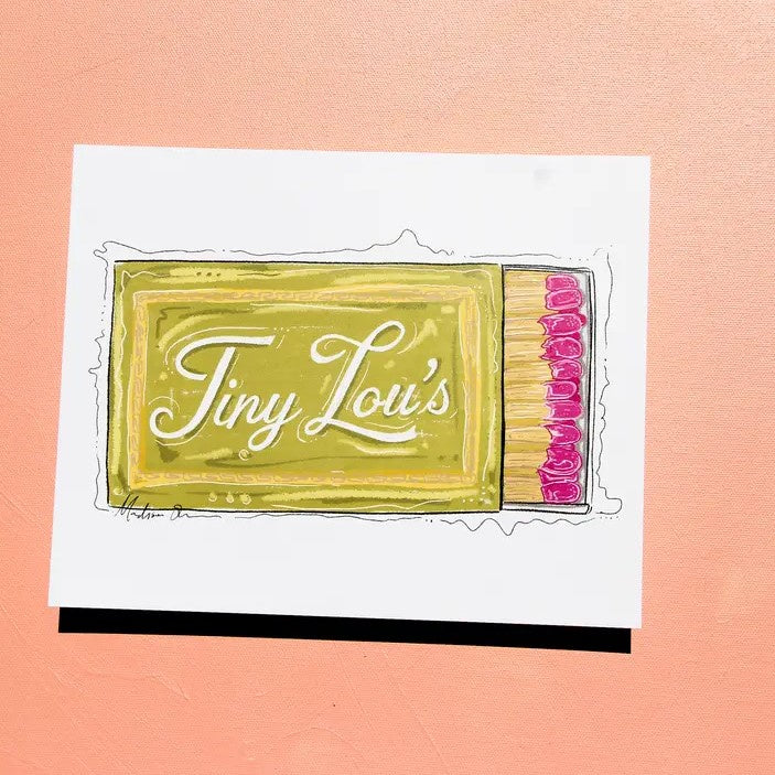 An 8x10 print depicting a pea green matchbox from Tiny Lou's on a white background.