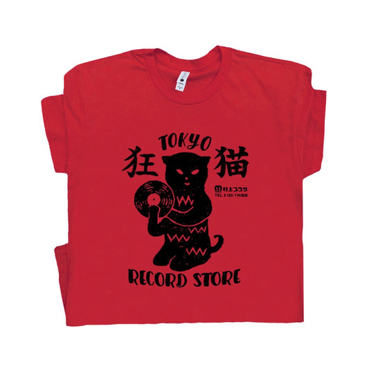 shirt that reads tokyo record store with a cat holding a vinyl