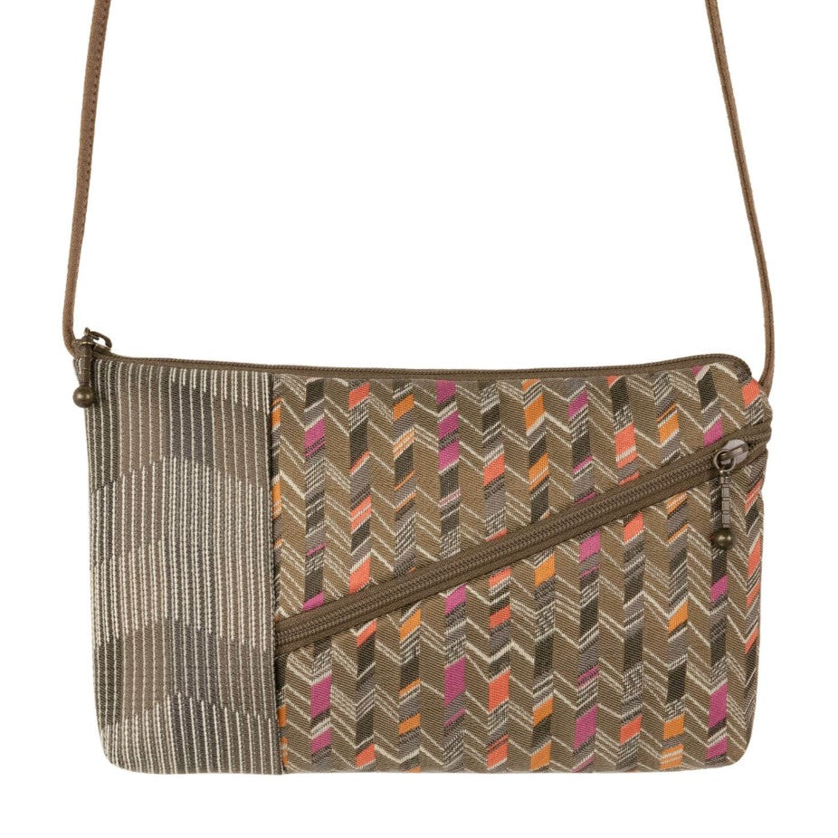 Purse with a zipper across the front with zigzag and striped patterns