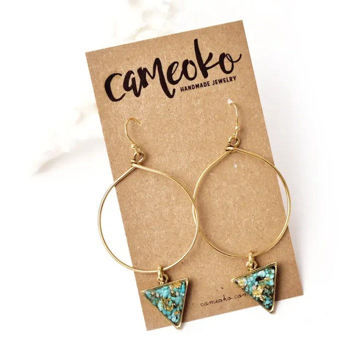 Gold hoop earrings with triangular blue crushed gemstone charms