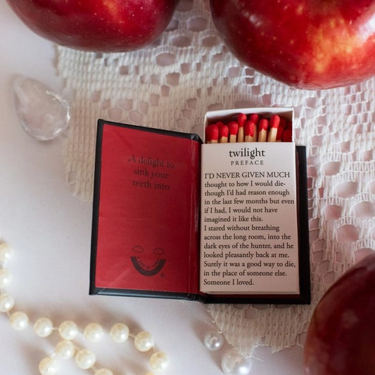 A novelty matchbook designed to look like the book Twilight. On the inside the first paragraph of the book is readable